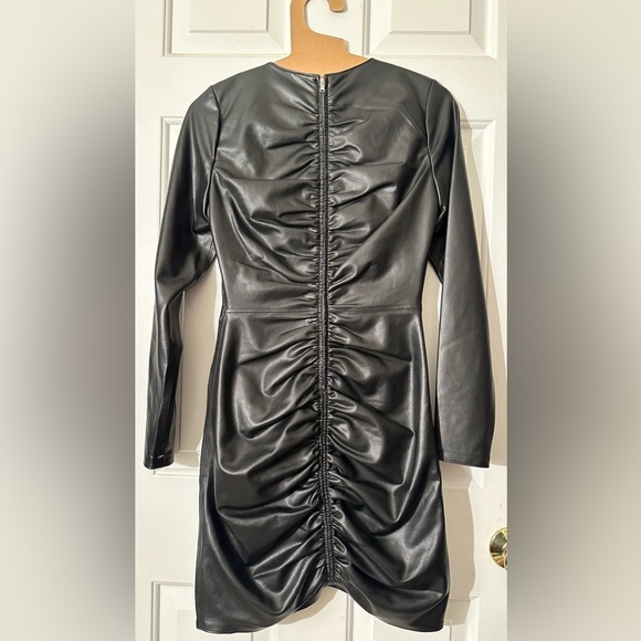 VERONICA BEARD NEW Bernadette Faux Leather Long Sleeve Ruched Mini Dress Black - Picture 6 of 16